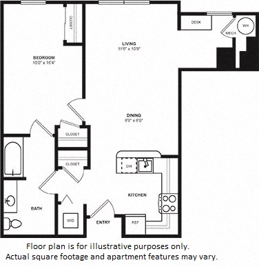 Floor plan for 1 bed, 1 bath, 716 sqft